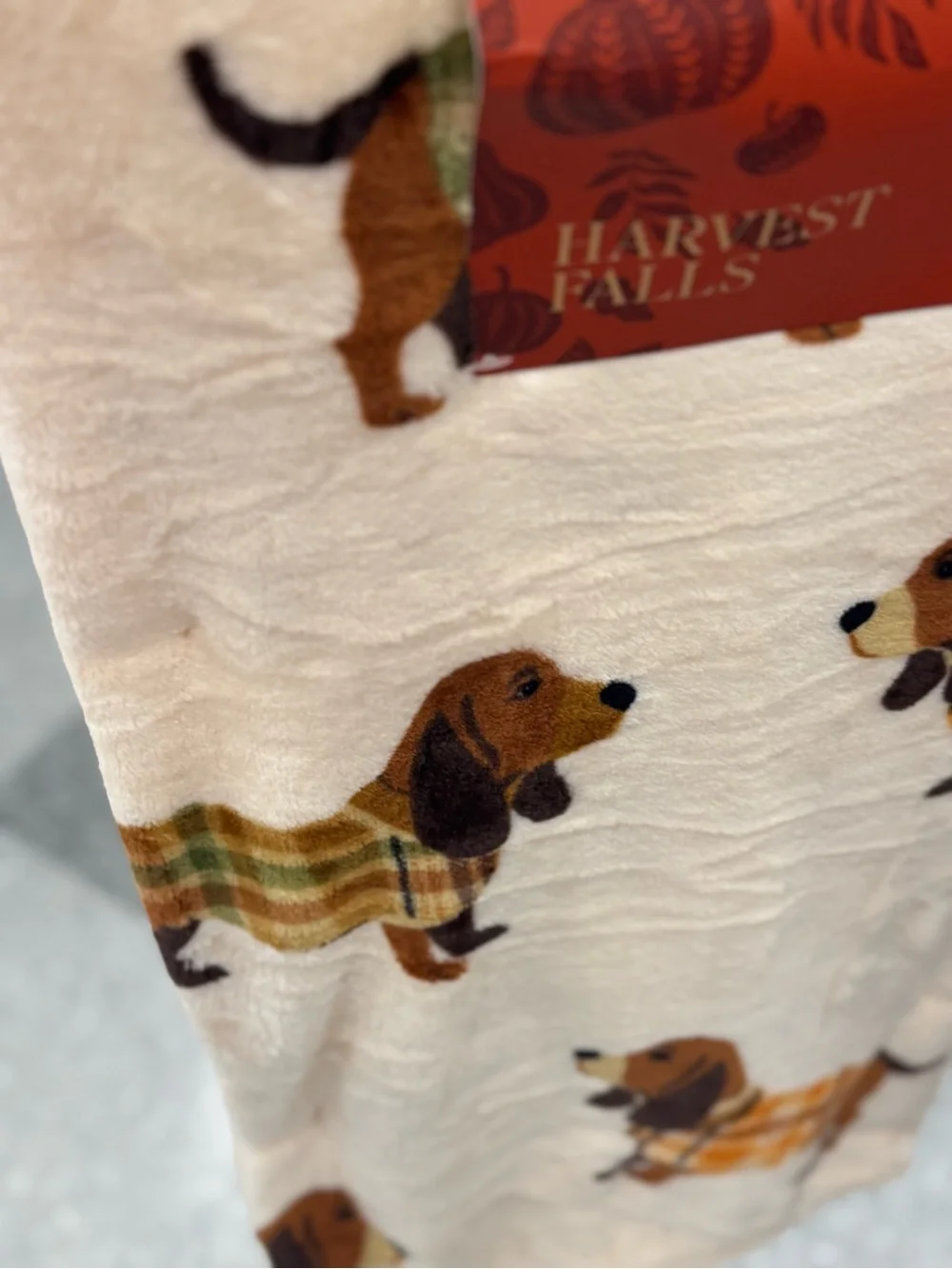 Cream Plush Throw Blanket with Plaid Dachshund Print